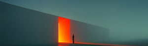 Composite image of a person standing in a big room facing a smaller room that's glowing yellow and red