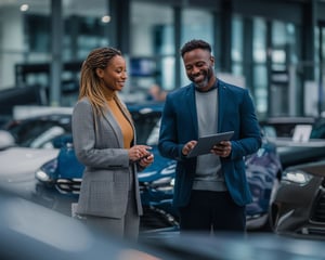 Two professionals stand in a modern car showroom, smiling and reviewing information on a tablet. They are surrounded by parked vehicles under bright indoor lighting, suggesting a collaborative discussion about automotive options or data in a contemporary retail environment.