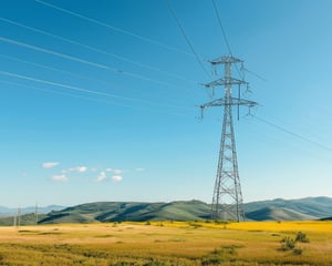 A tall electrical transmission tower stands in an open grassy landscape, with high-voltage power lines stretching across rolling hills under a clear blue sky, illustrating large-scale energy infrastructure in a rural setting.