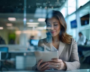 A business professional sits in a modern office, looking down at a tablet with a focused, calm expression. Reflections on glass in the foreground add depth, while a softly blurred workspace with desks and screens appears in the background, suggesting a contemporary corporate environment.