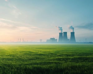 A wide, cinematic landscape shows a flat green field in the foreground with an industrial power plant in the distance. Several large cooling towers release white steam into a pale blue sky, creating a contrast between natural farmland and heavy industrial infrastructure.