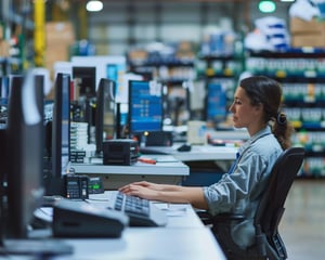 A lady in a retail setting working on a computer