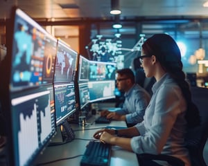 Two professionals work at a modern operations center, seated at desks with multiple large monitors displaying data dashboards, charts, and world maps. The scene shows a focused, technology-driven environment with dim lighting and glowing screens, emphasizing real-time data analysis and monitoring.