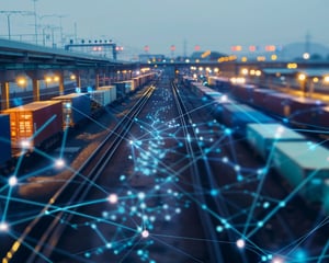 A freight rail yard at dusk with rows of shipping containers and train tracks, overlaid with glowing digital network lines and nodes, symbolizing connected logistics, data-driven operations, and modern supply chain technology.