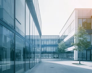 A modern campus courtyard framed by glass-fronted academic buildings, with clean walkways and small trees, conveying a contemporary educational environment focused on efficiency and sustainability.