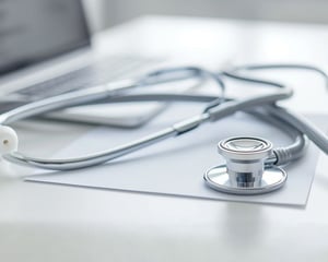 A stethoscope rests on a desk beside a laptop, symbolizing healthcare, medical services, and technology-enabled clinical or administrative work.