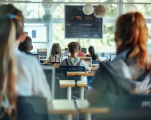 Students sit at desks in a modern classroom, working on laptops while facing the front of the room, with a digital display visible ahead, representing a technology-enabled learning environment in an educational setting.