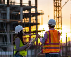 Two construction professionals wearing hard hats and high-visibility vests stand at a building site during sunset, reviewing plans on a tablet and gesturing toward a steel structure and crane, representing on-site coor3dination, construction progress, and project oversight.