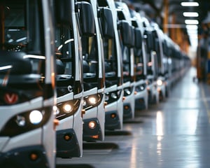 A row of electric buses parked inside a large depot or manufacturing facility, lined up closely with headlights on, representing fleet operations, public transportation, and modern vehicle manufacturing or maintenance.