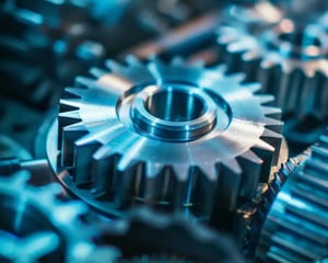 Close-up of interlocking metal gears in a manufacturing setting, symbolizing digital transformation and optimized operations in the automotive industry.