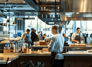 A restaurant worker standing in the kitchen area of a busy restaurant
