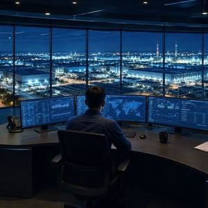 A man sitting at a desk overlooking a manufacturing facility