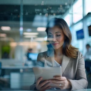 A business professional sits in a modern office, looking down at a tablet with a focused, calm expression. Reflections on glass in the foreground add depth, while a softly blurred workspace with desks and screens appears in the background, suggesting a contemporary corporate environment.