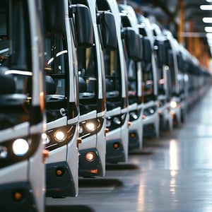 A row of electric buses parked inside a large depot or manufacturing facility, lined up closely with headlights on, representing fleet operations, public transportation, and modern vehicle manufacturing or maintenance.