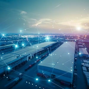 An aerial view of a large logistics and warehouse complex at dusk, overlaid with glowing digital nodes and connecting lines, symbolizing connected supply chains, data visibility, and technology-enabled operations.