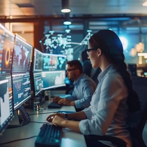 Two professionals work at a modern operations center, seated at desks with multiple large monitors displaying data dashboards, charts, and world maps. The scene shows a focused, technology-driven environment with dim lighting and glowing screens, emphasizing real-time data analysis and monitoring.