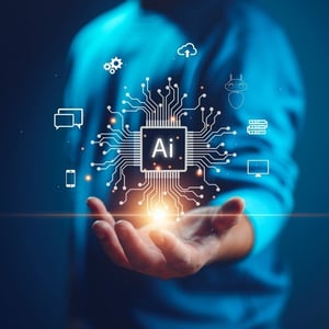 A man holding an Artificial intelligence image representing digital transformation