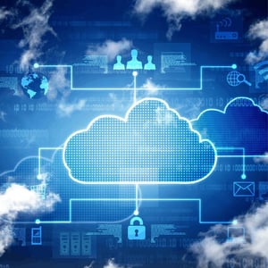 A group of clouds in the sky with areas of business representing security and data flow