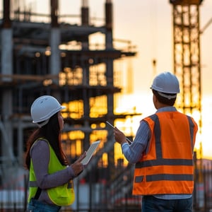 Two construction professionals wearing hard hats and high-visibility vests stand at a building site during sunset, reviewing plans on a tablet and gesturing toward a steel structure and crane, representing on-site coor3dination, construction progress, and project oversight.