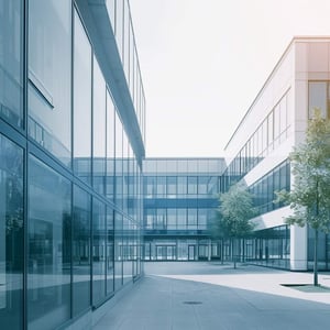 A modern campus courtyard framed by glass-fronted academic buildings, with clean walkways and small trees, conveying a contemporary educational environment focused on efficiency and sustainability.
