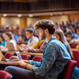 a college student sitting in a lecture room with a group of students