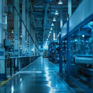 A long, symmetrical view down a modern manufacturing facility shows automated machinery, glass enclosures, and overhead lighting, highlighting a clean, high-tech industrial production environment.