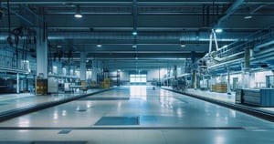 An expansive, well-lit manufacturing floor with automated equipment, conveyor systems, and overhead piping, shown in a clean, modern industrial facility designed for high-efficiency production.
