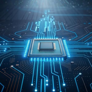Circuit board with a central microchip illuminated by glowing blue data lines radiating outward, symbolizing advanced computing and intelligent system processing.