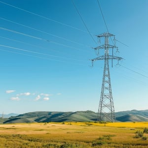 A tall electrical transmission tower stands in an open grassy landscape, with high-voltage power lines stretching across rolling hills under a clear blue sky, illustrating large-scale energy infrastructure in a rural setting.