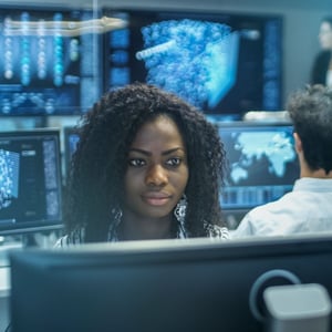 Technology professionals working in a security operations center