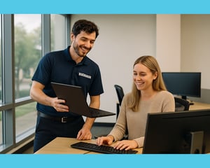 An IT professional helping a worker or student at their desk