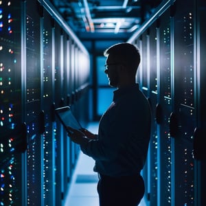 An IT Technician standing in a server room wiht a laptop in his hand