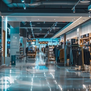 A bright, modern retail store interior with neatly arranged clothing racks, displays, and wide aisles, showcasing a clean, organized shopping environment enhanced by contemporary lighting and design.