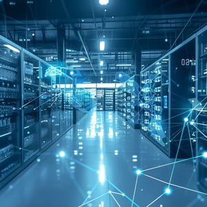 A modern data center corridor lined with server racks, illuminated in blue light, overlaid with digital network lines and data points, representing enterprise IT infrastructure, connectivity, and large-scale data processing.