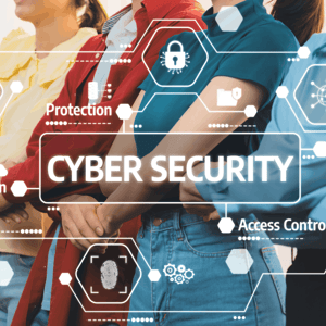 People standing with the word cybersecurity over the image