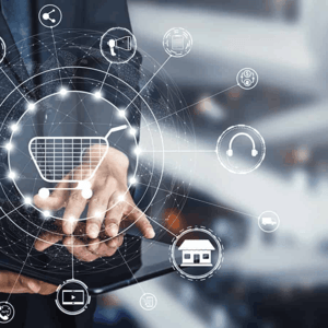 A hand touching technology in a retail environment